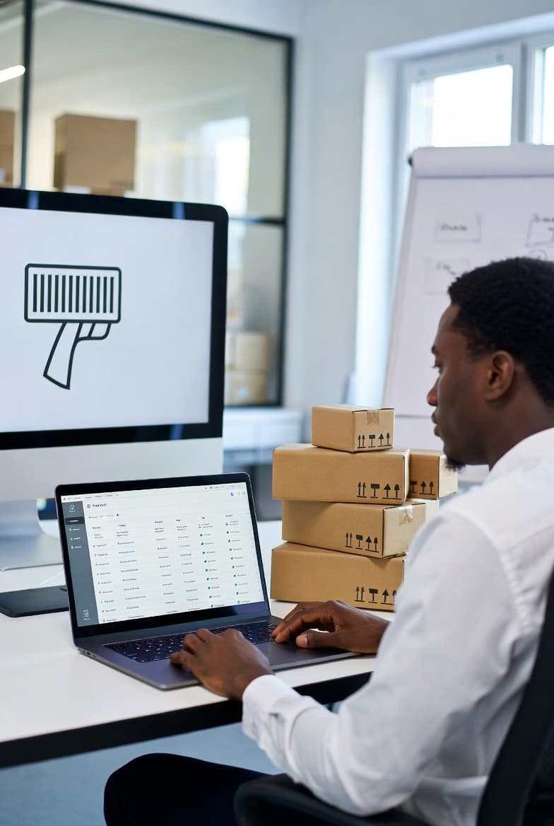 Escritório com laptop controlando estoque e caixas