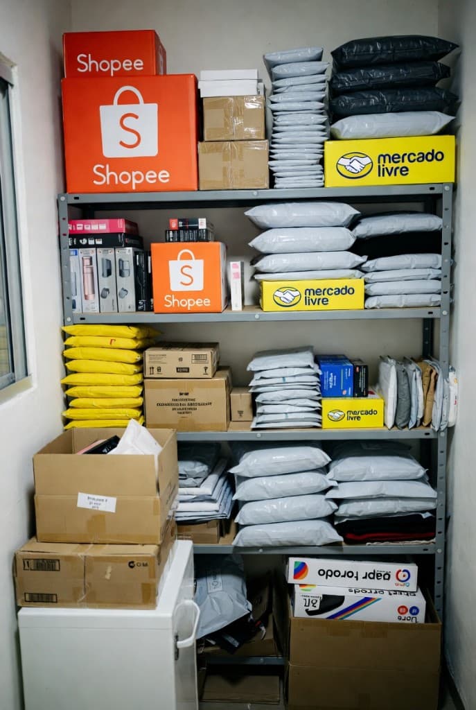 Estoque organizado com pacotes Shopee e Mercado Livre